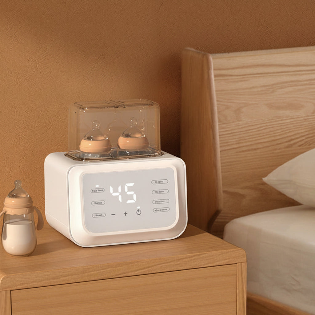 White automatic dual baby bottle warmer with clear lid, digital display, and two bottles inside, on a wooden nightstand.