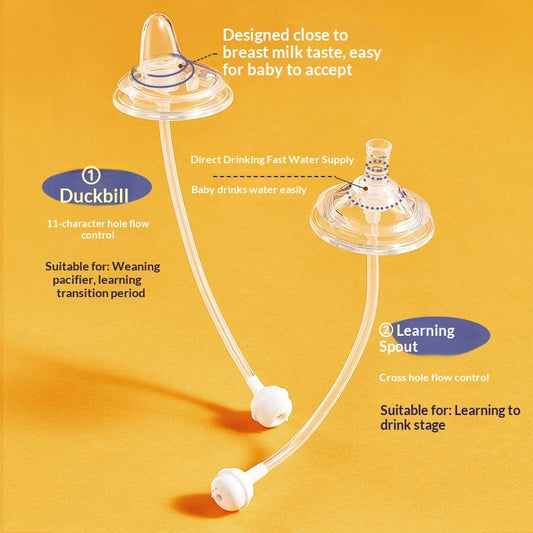 Two clear silicone baby bottle spouts with weighted straws, one duckbill and one learning spout, on an orange background.