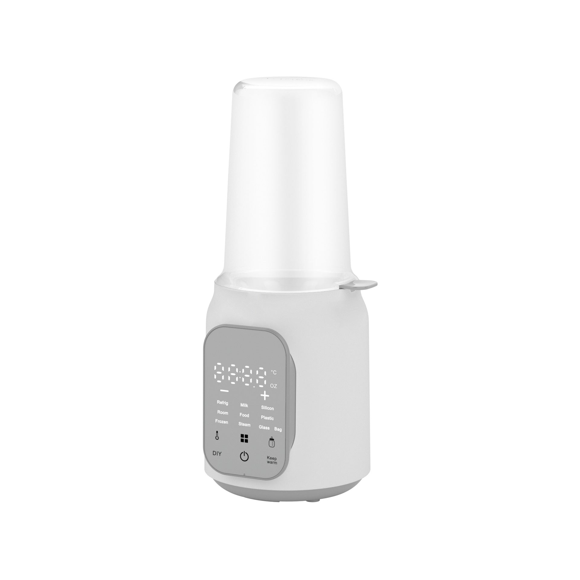 White electric baby bottle warmer with digital display and sterilization function.
