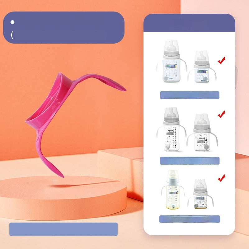 Pink universal wide-mouth baby bottle handle with ergonomic design, shown next to bottle compatibility examples.