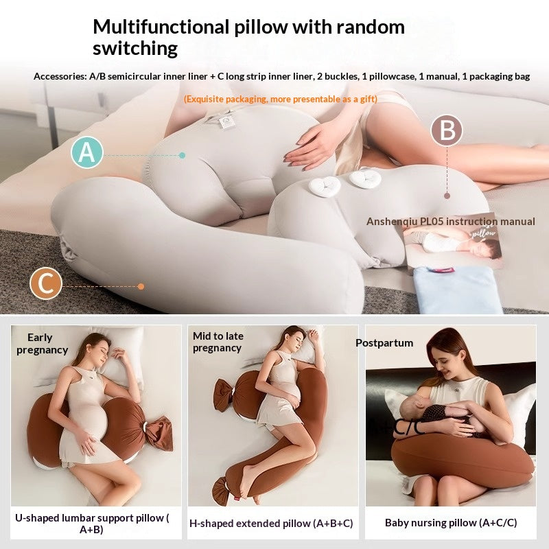 Gray U-shaped pregnancy pillow with detachable sections, shown in use for various stages of pregnancy and nursing.