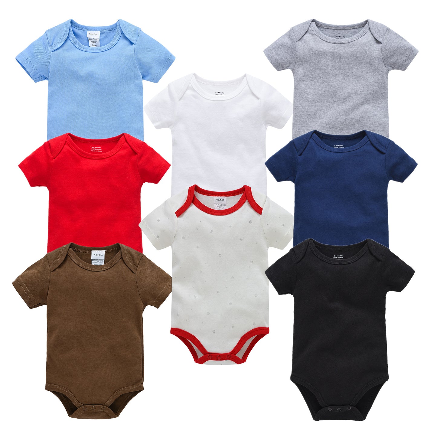 Assorted short-sleeve cotton baby bodysuits in blue, white, red, grey, navy, brown, and black.