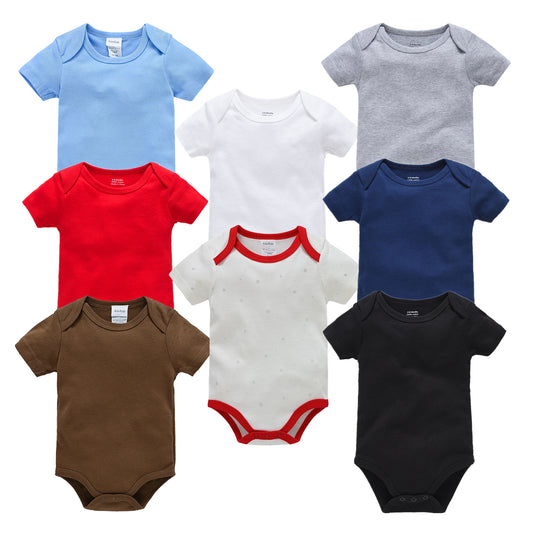 Assorted short-sleeve cotton baby bodysuits in blue, white, red, grey, navy, brown, and black.