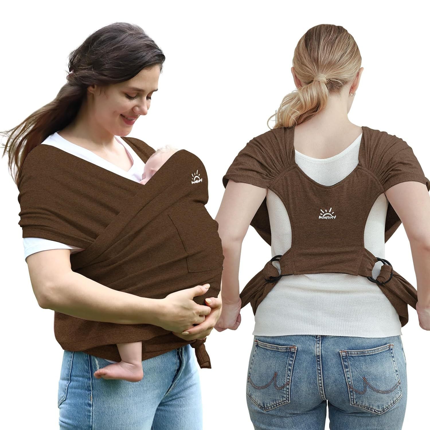 Brown cotton ergonomic X-type baby carrier worn by a woman with a baby, front and back views.
