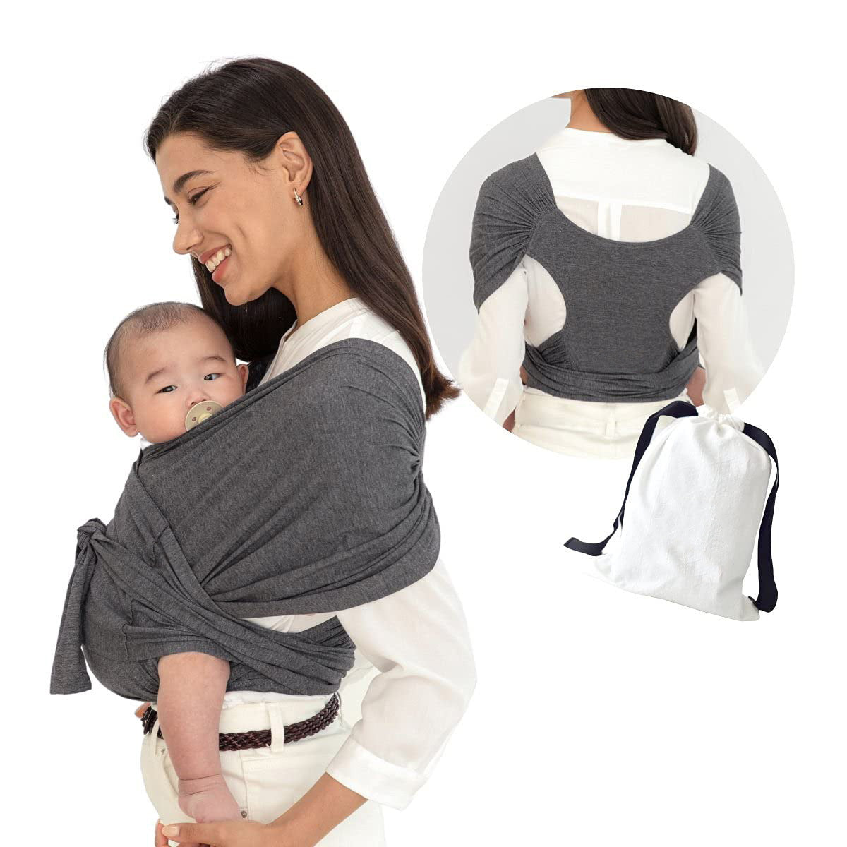Smiling mom with baby in a dark gray ergonomic X-Type breathable mesh baby carrier, shown with back view and storage bag.