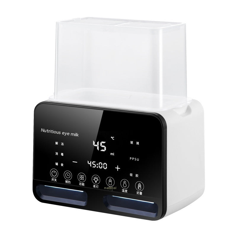 White electric baby bottle warmer and sterilizer with digital display and clear lid.