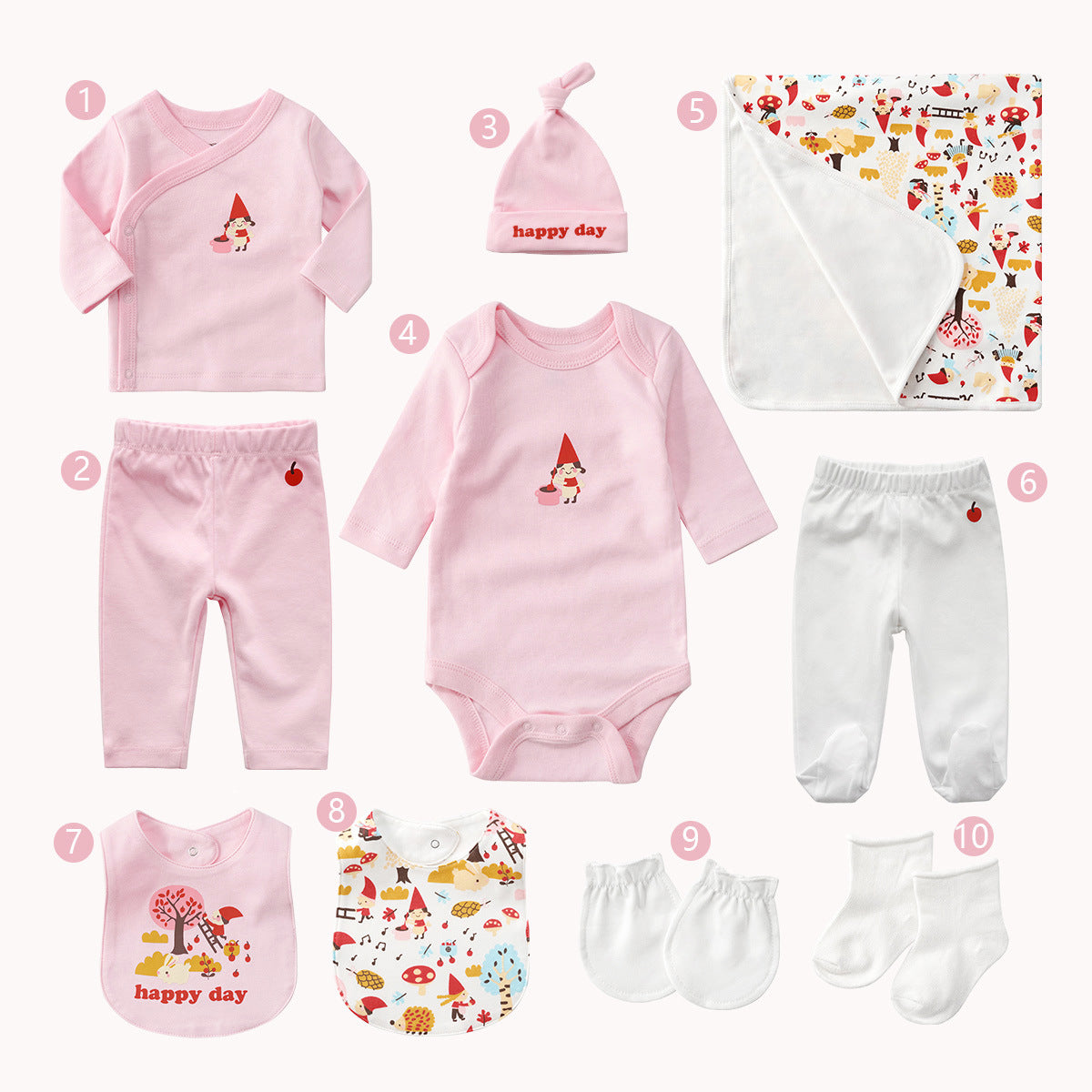 Pink 10-piece cotton baby gift set with gnome design, including onesie, pants, hat, bib, blanket, mittens, and socks.