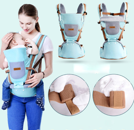 Ergonomic light blue baby carrier with waist seat, brown straps, and adjustable buckles.