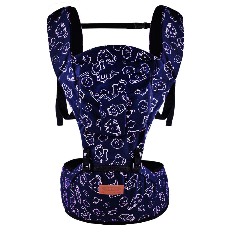 Dark blue ergonomic baby carrier with white cartoon animal print and waist stool.