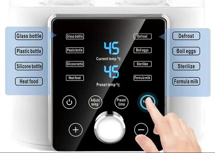 White smart bottle warmer with large digital screen, knob, and touch controls for various modes.