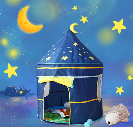 Blue children's play castle tent with yellow trim, moon, and stars, on a whimsical night sky background.