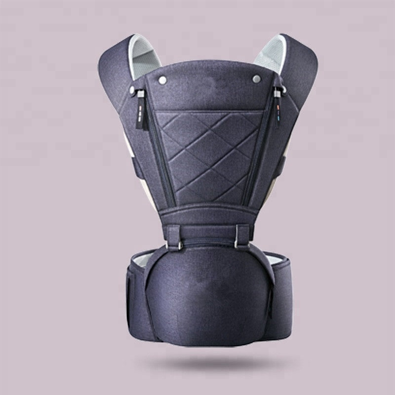 Navy blue ergonomic baby hip seat carrier with breathable fabric and quilted design.