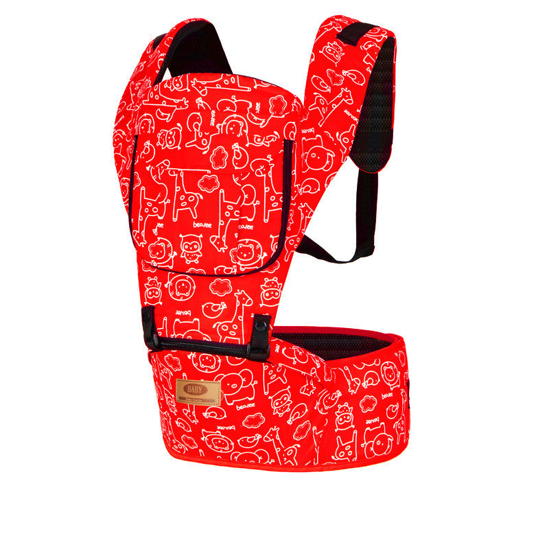 Red ergonomic baby carrier with white animal print, padded straps, and a waist stool for infants 0-36 months.