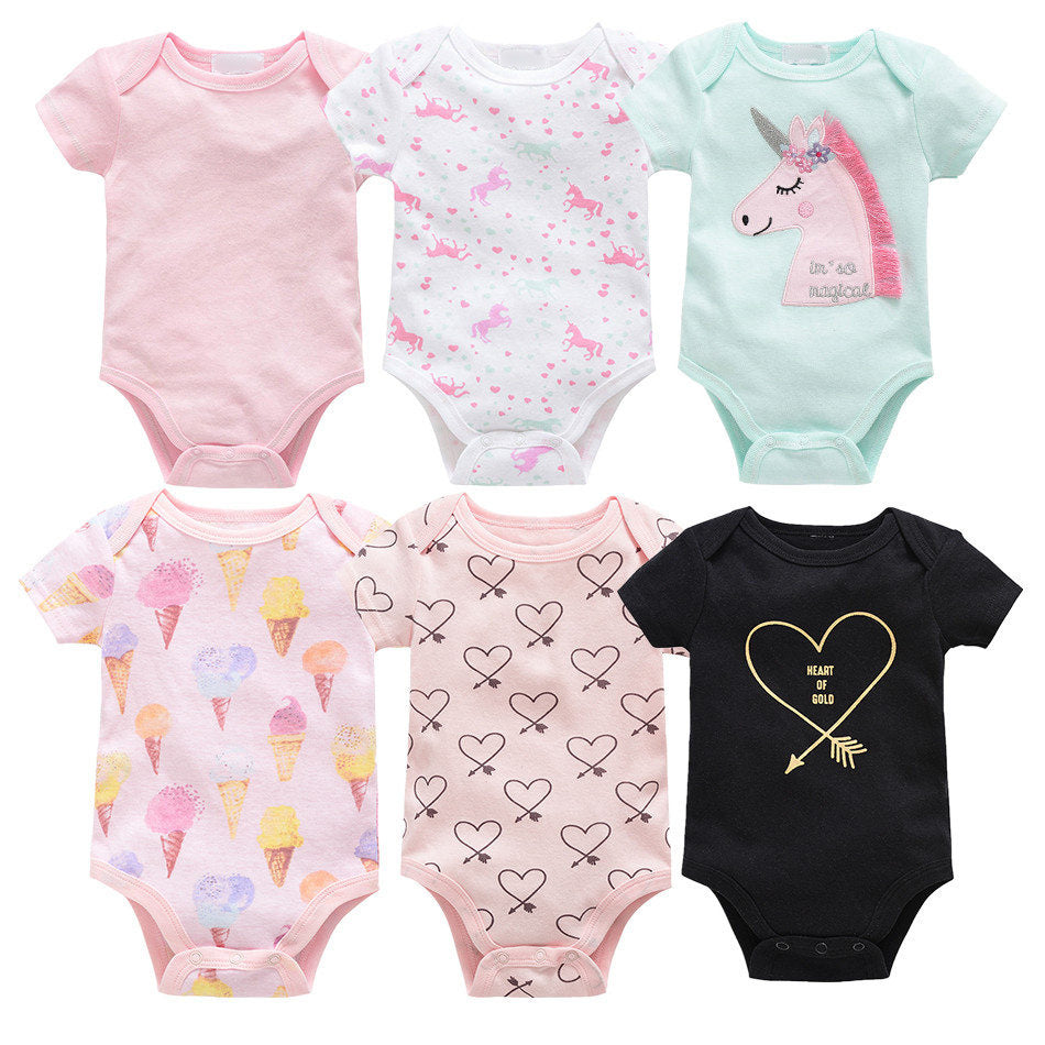Six short-sleeve cotton baby bodysuits in pink, mint, black, and white with unicorn, heart, and ice cream prints.