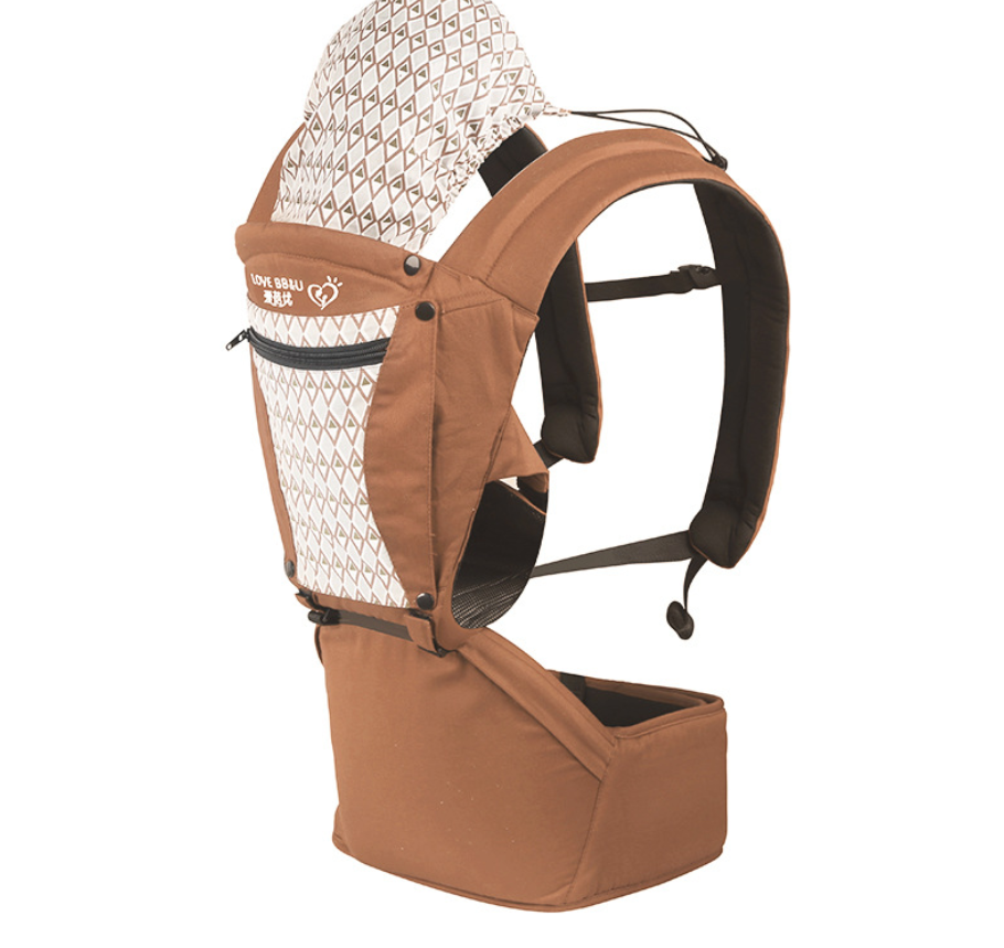 Brown cotton baby carrier with ergonomic design, patterned hood, and hip seat for comfortable daily use.