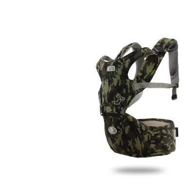 Ergonomic baby carrier in green camouflage with supportive waist seat and padded straps.