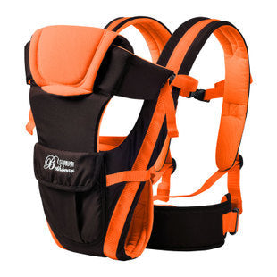 Ergonomic black and orange baby carrier with padded straps and front pocket.