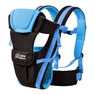 Ergonomic black and blue baby carrier with padded straps and breathable fabric.