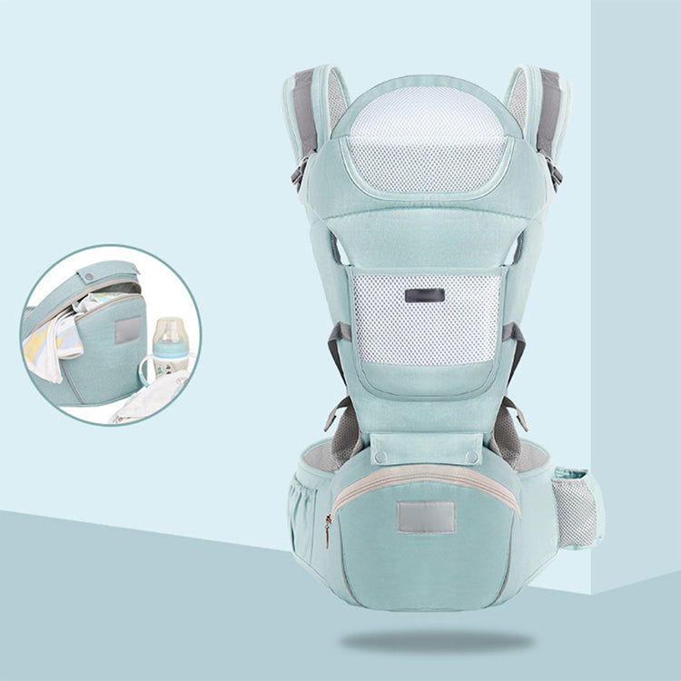 Light blue ergonomic baby carrier with waist seat, mesh panels, and storage pockets for all seasons.
