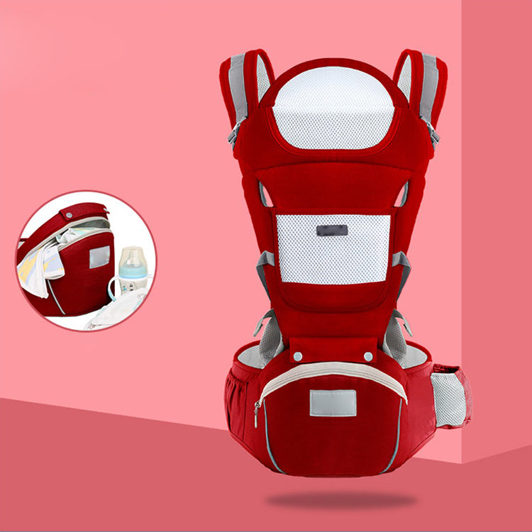 Red multi-functional baby carrier with waist seat, mesh panels, and storage pockets for all seasons.