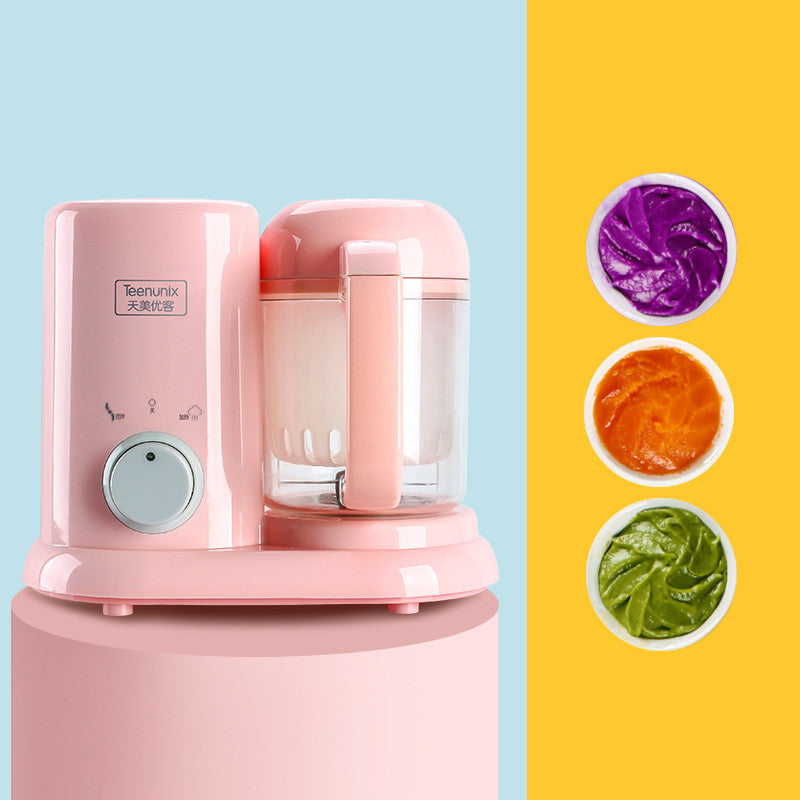 Pink Teenunix baby food maker steams and blends, with three bowls of pureed food.