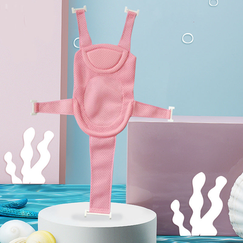 Pink universal baby bath support net with adjustable straps and breathable mesh fabric.