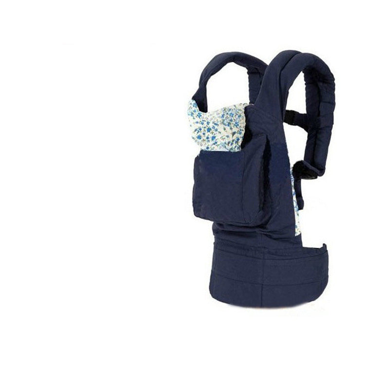 Navy blue ergonomic cotton baby carrier with floral print lining and padded straps.