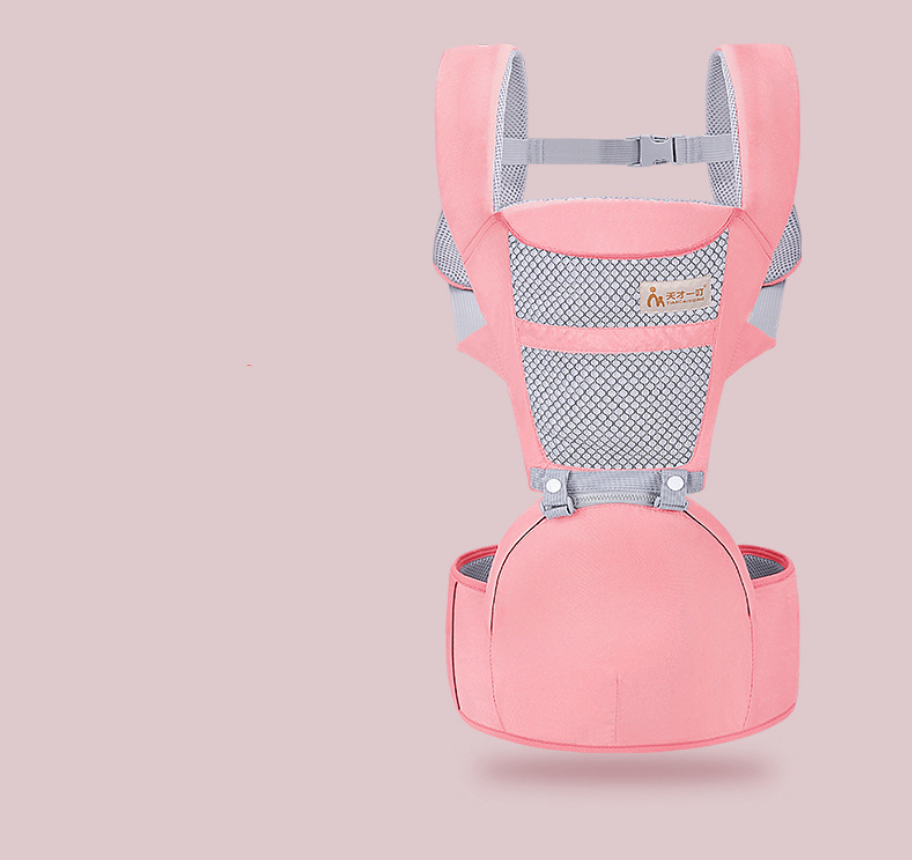 Pink ergonomic baby waist carrier with breathable mesh and adjustable straps.