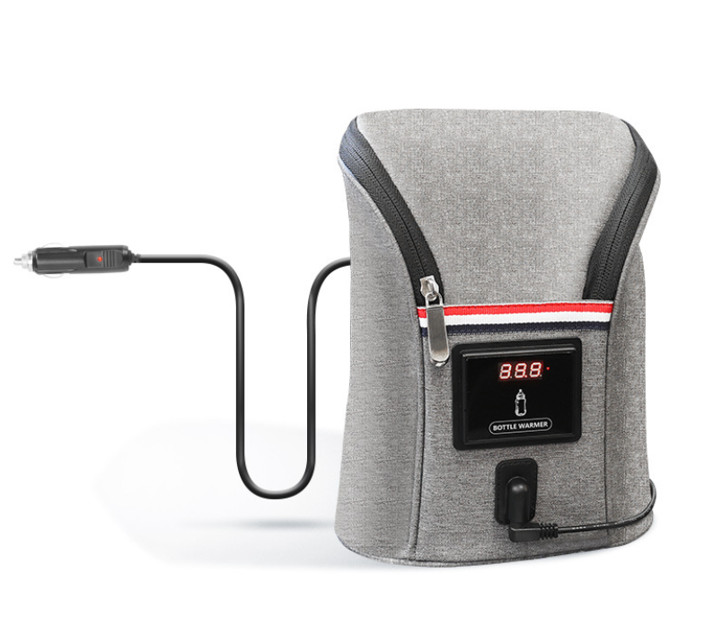 Gray portable car USB bottle warmer with digital temperature display and car charger.
