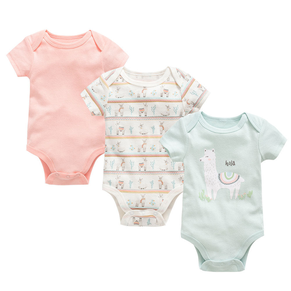Three soft cotton baby bodysuits: one pink, one white with llama pattern, and one mint green with a single llama.