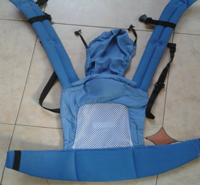 Blue ergonomic baby carrier with breathable mesh panel and padded straps.