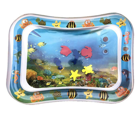Inflatable baby water play mat with colorful floating sea creatures and ocean graphics.