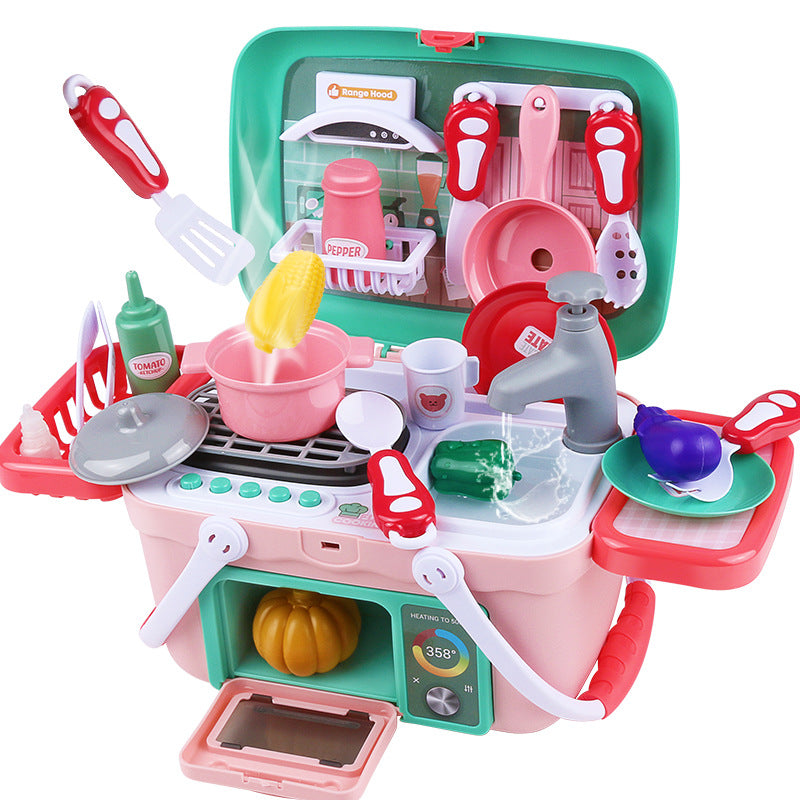 Pink interactive toy kitchen set with steam effects, play food, and accessories.