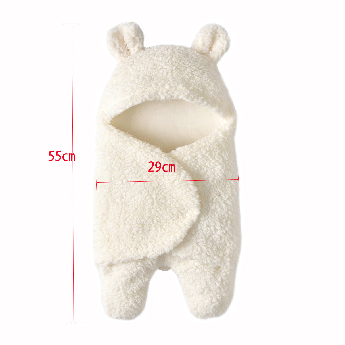 Soft cream fleece baby swaddle blanket with bear ears, 55x29cm, for 0-12 months.