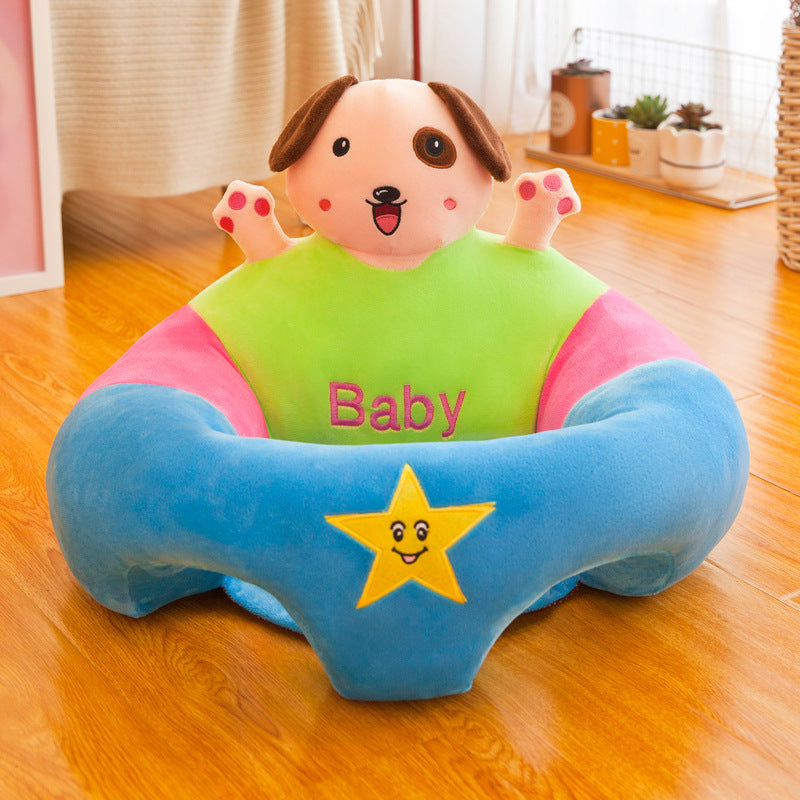 Plush animal-themed baby support seat in blue, green, and pink, featuring a cute dog design and a yellow star.