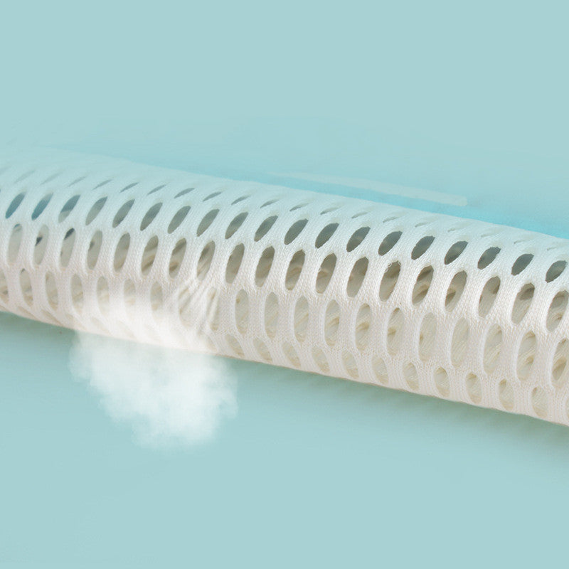 Close-up of white breathable mesh fabric for an ergonomic baby hip carrier, showing ventilation.