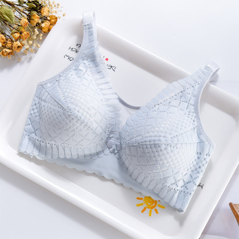 Light blue lace nursing bra with front closure, soft fabric, and scalloped trim.