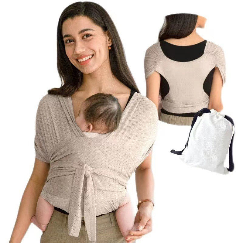 Smiling woman wearing a beige ergonomic X-Type breathable mesh baby carrier with a sleeping infant, shown with back view and storage bag.
