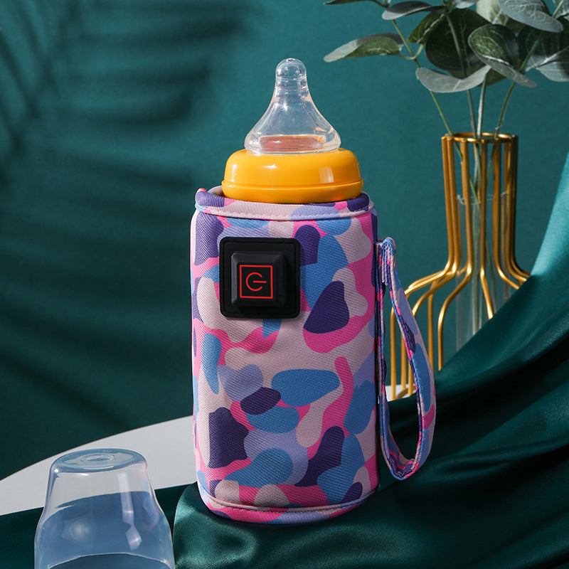Portable baby bottle warmer sleeve with colorful camouflage pattern, USB power button, and strap.