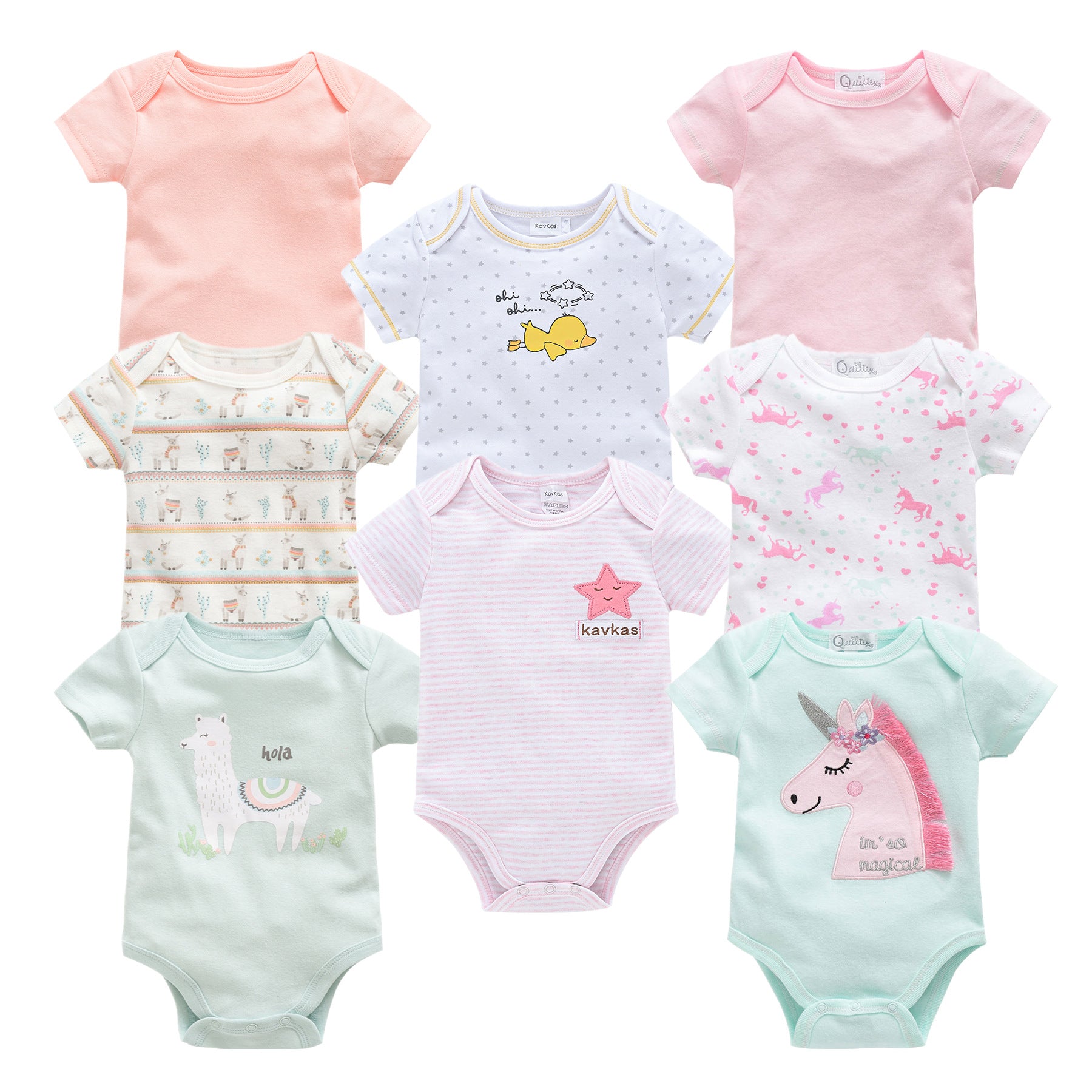 Assorted baby short-sleeve cotton bodysuits in pink, white, and mint with cartoon animal prints.