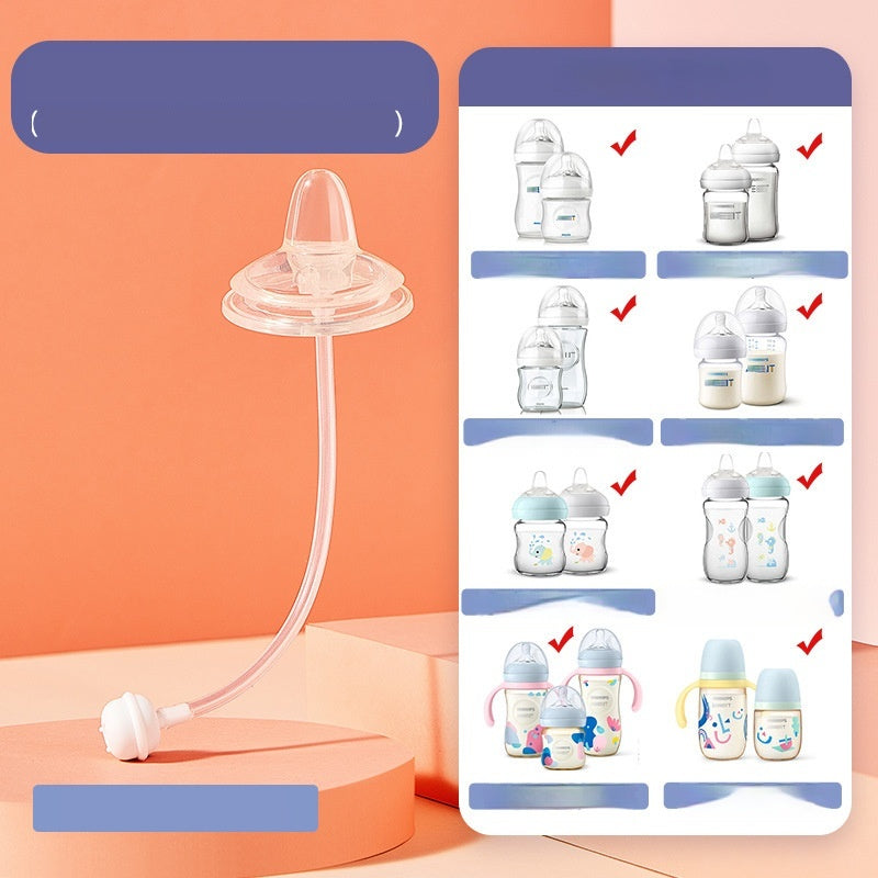 Clear silicone wide-mouth universal baby bottle straw nipple with weighted bottom and handle compatibility chart.