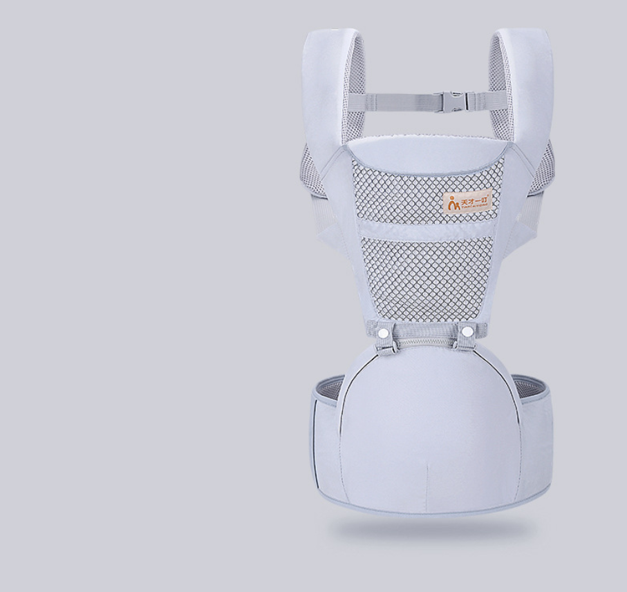Light gray ergonomic baby waist stool carrier with breathable mesh and adjustable straps.