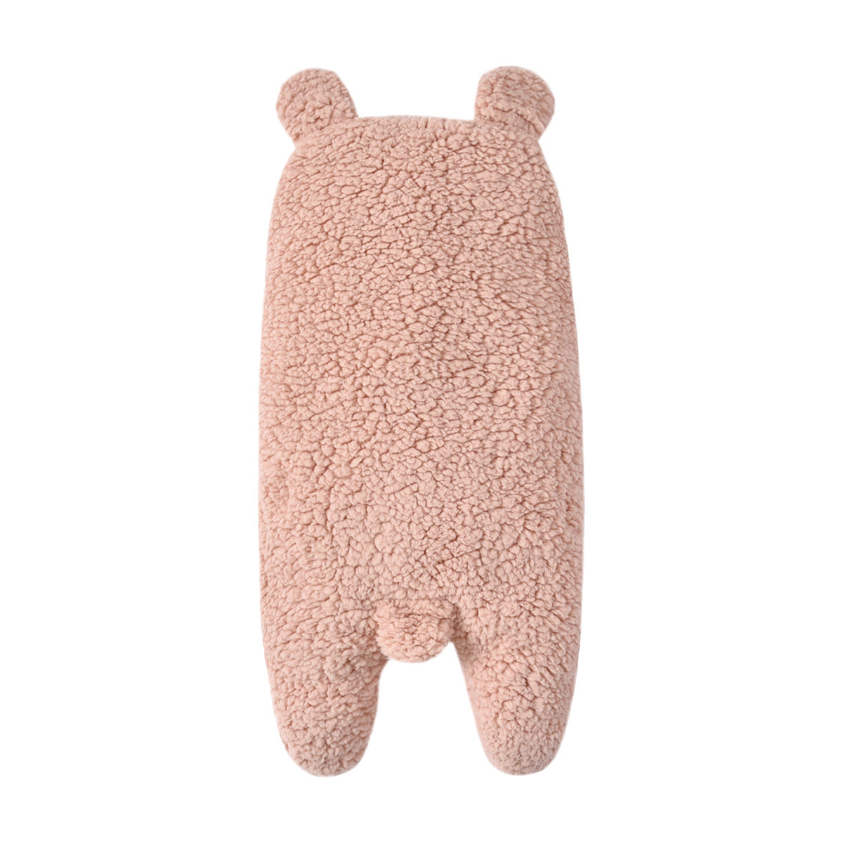 Soft pink fleece baby swaddle blanket with bear ears and a small tail.