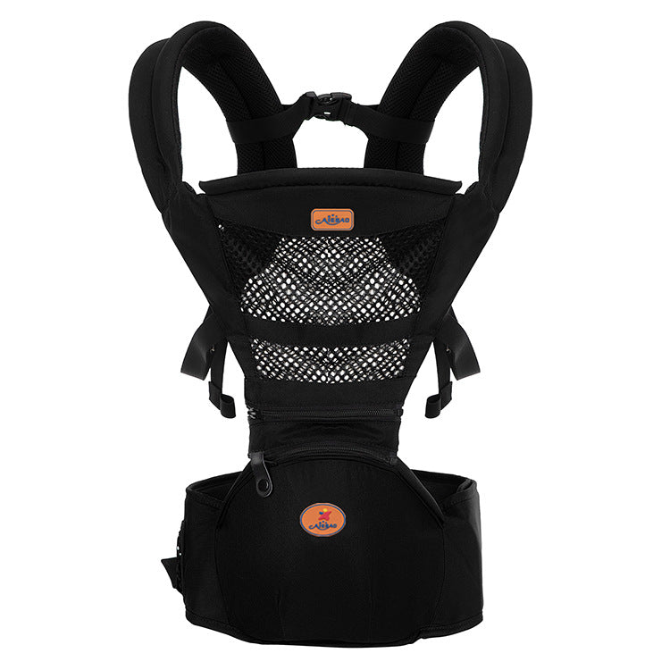 Black ergonomic baby carrier with breathable mesh panel and hip seat.