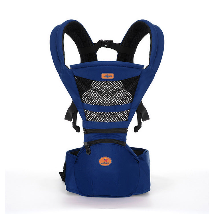 Navy blue ergonomic baby carrier with breathable mesh and hip seat.