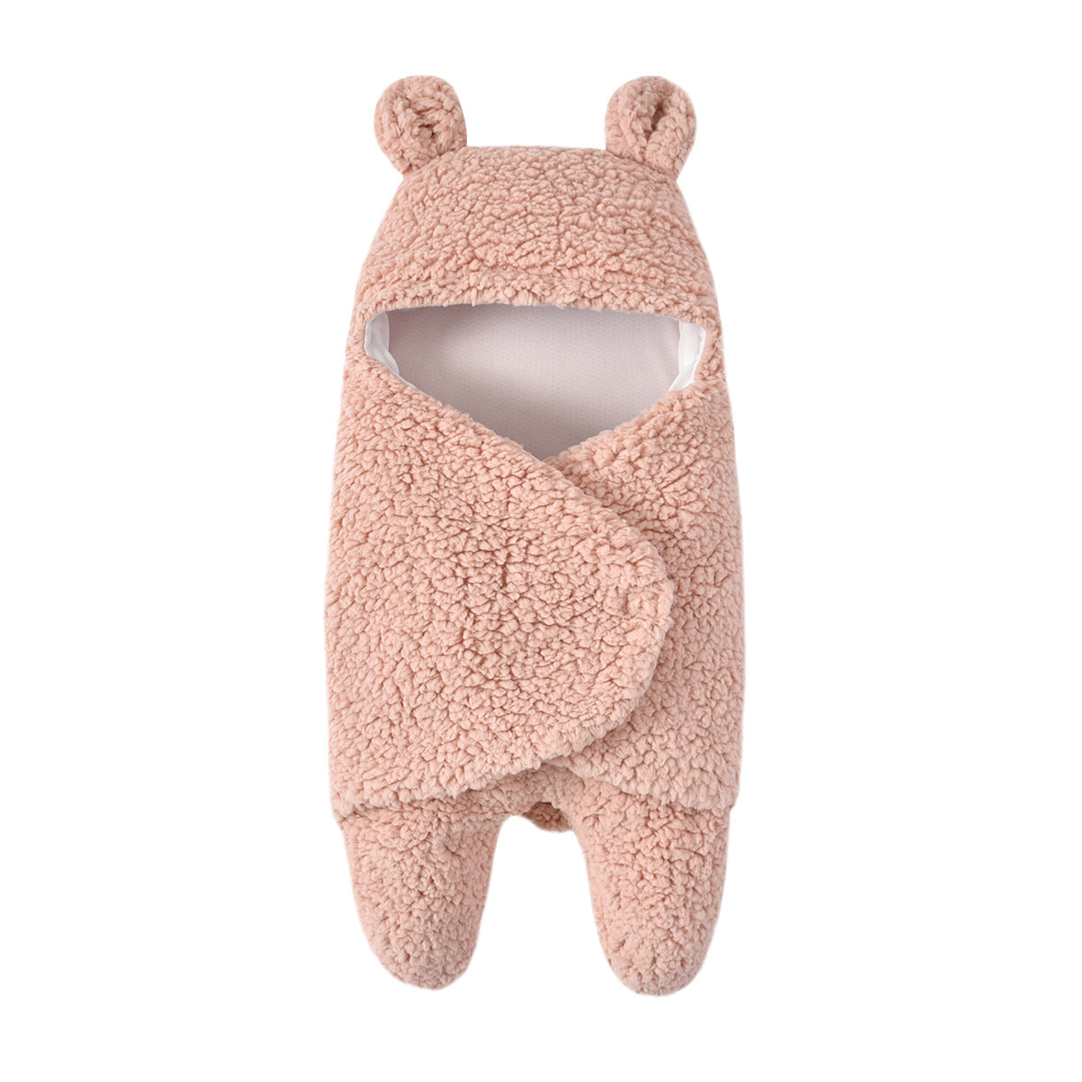 Soft pink fleece baby swaddle blanket with bear ears and wrap design.