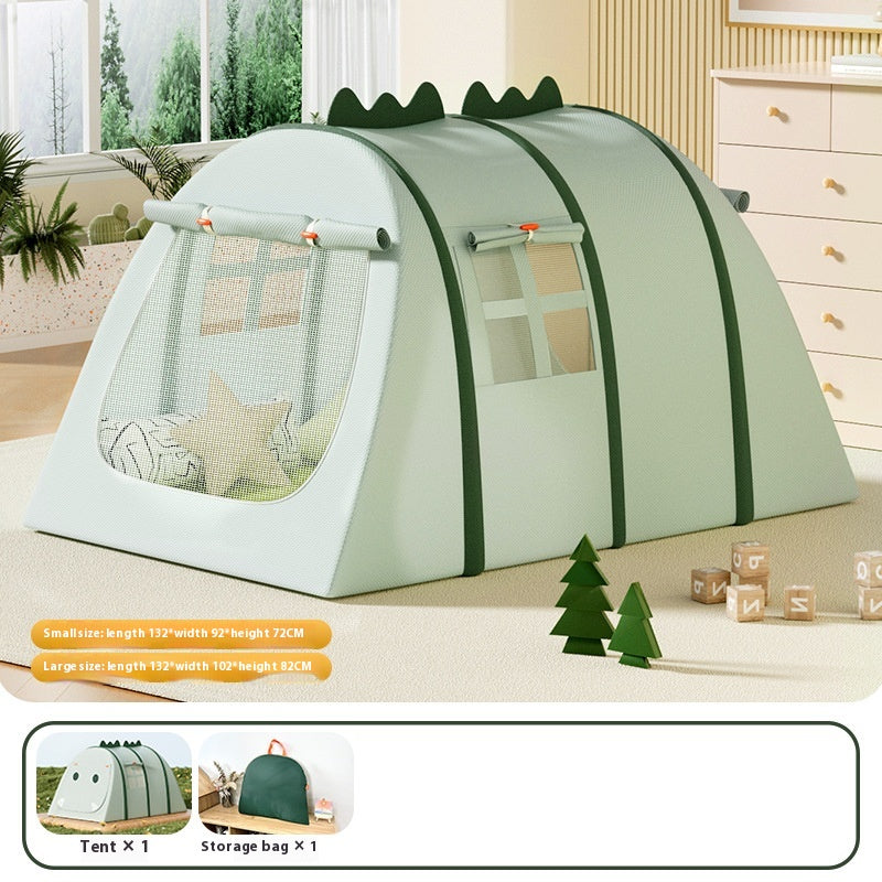 Green fabric dinosaur play tent for kids, with mesh windows and a portable design.