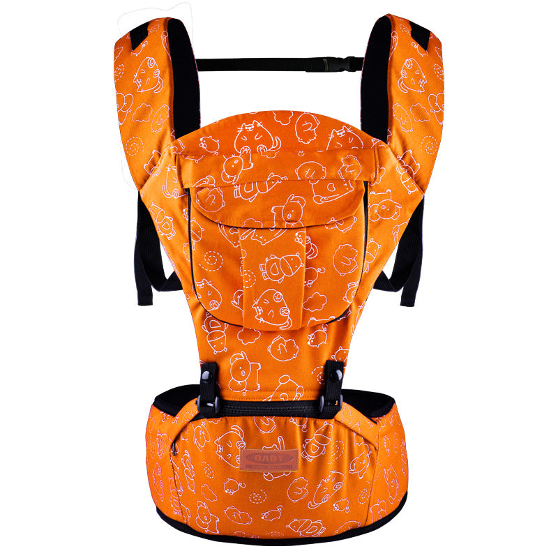 Orange ergonomic baby carrier with waist stool, white cartoon animal print, and black straps.