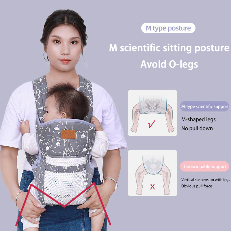 Woman carrying baby in a gray ergonomic carrier with white bear print, demonstrating M-type posture.