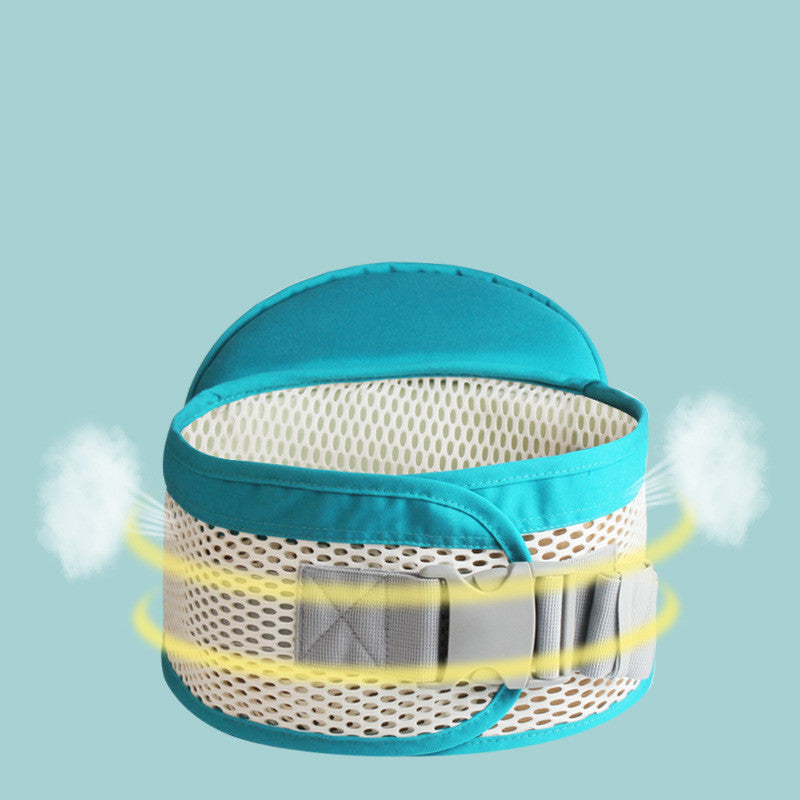 Teal ergonomic baby hip seat carrier with breathable white mesh and gray buckle.